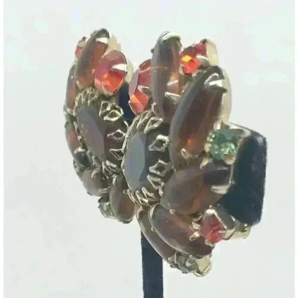 Vintage 60s Big Earrings Rhinestone Molded Glass Chunky Big Statement - Picture 5 of 10